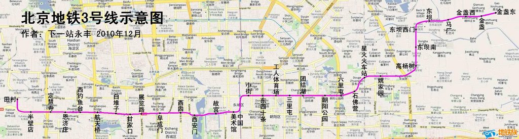 绘制 部分车站位置含有一定预测成分 北京地铁3号线全长37km 共32座