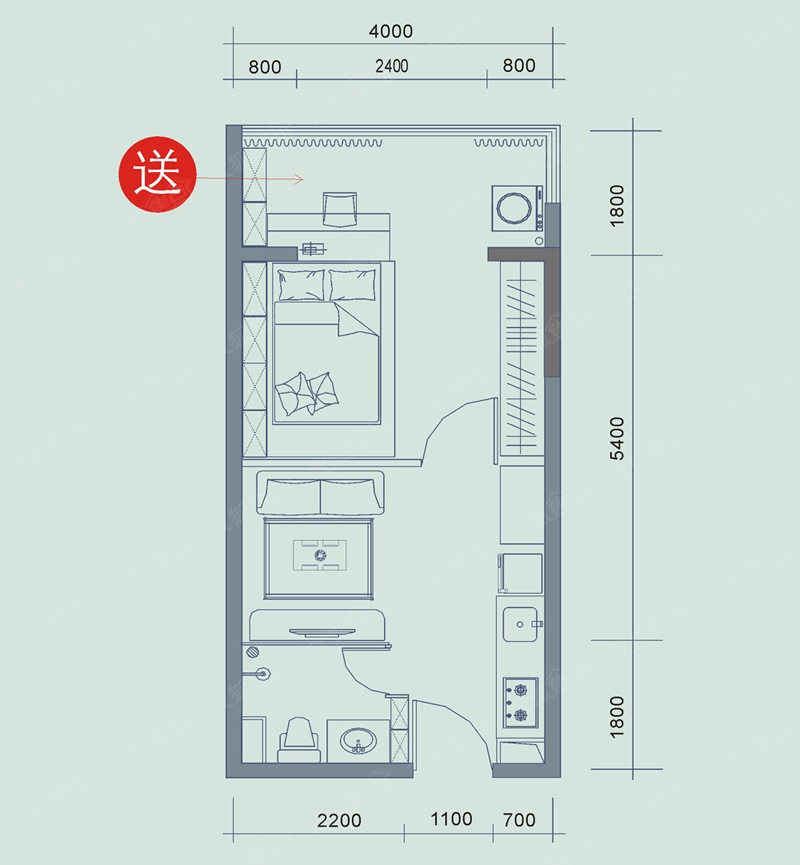 i尚国际40.63平公寓户型图-1室1厅1卫-40m