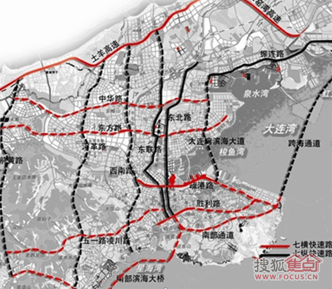 大连湾海底隧道为大连快速路网建设的一纵,七纵七横的总体规划如下