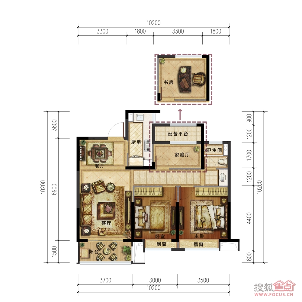 新外滩1号-新外滩1号户型图-3室2厅1卫-90.00㎡