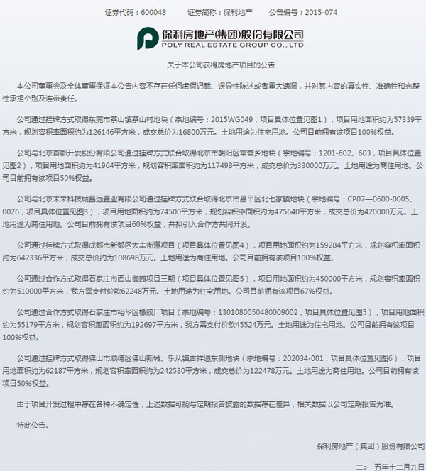 保利房地产（集团）股份有限公司发布《关于本公司获得房地产项目的公告》