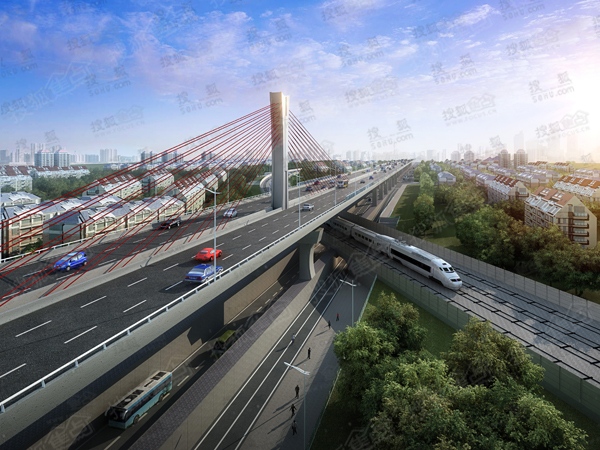 和平路高架西延工程之跨石太铁路斜拉桥效果图