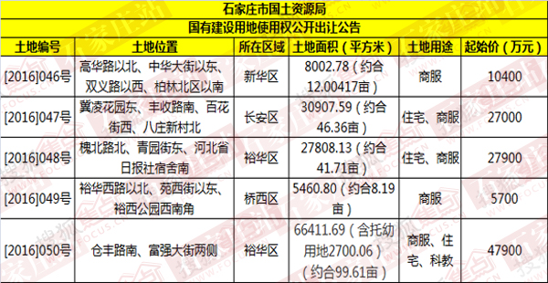 公开挂牌的5宗地信息详表