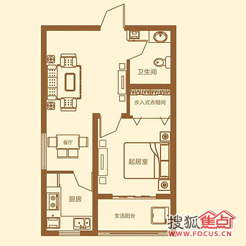 一室两厅一卫61.05平米e3户型