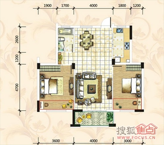 e户型 两房两厅 建筑面积89平米