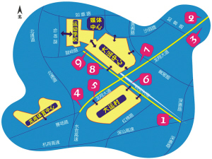 1 地铁大运站 2 龙岗区政府 3 龙城广场 4 大运公园 5 大运村北门 6 大运村东门 7 大运中心东门 8 大运中心西门 9 大运中心北门 1 地铁大运站 2 龙岗区政府 3 龙城广场 4 大运公园 5 大运村北门 6 大运村东门 7 大运中心东门 8 大运中心西门 9 大运中心北门