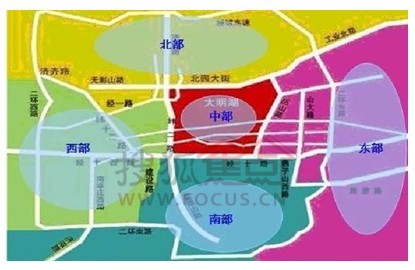 根据济南市商业布局,将济南市商业部分划分为:中部,西部,东部,南部