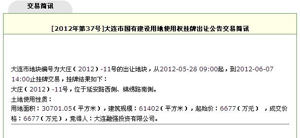 6月7日大连庄河市一块居住商业用地成功出让