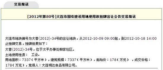 10月18日大连普湾新区一工业地块底价出让