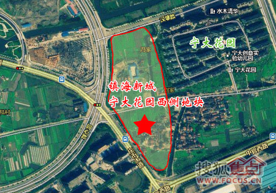 镇海新城宁大花园西侧地块东至规划道路,西至同心路及庄市大道,南至中