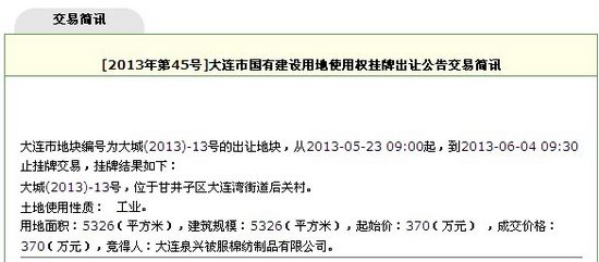 六月排名前列拍：大连甘区一宗工业地块370万元底价出让