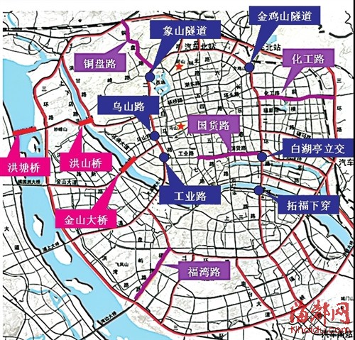 乌山路,象山隧道,金鸡山隧道,白湖亭立交,拓福下穿等);提升二环与三环