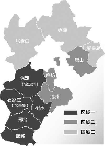 根据重污染天气区域分布以及城市地理位置关系,将全省划沸咸ㄐ路