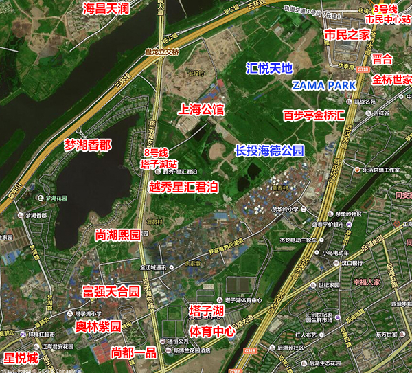 高层包围 紧邻市民之家   从中一路的国际百纳,沿着塔子湖东路,一