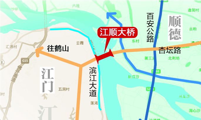 一列车队驶过江顺大桥开往顺德。昨日,连接顺德江门两地的江顺大桥试通车。 横跨西江的江顺大桥是全省跨度的斜拉桥,全长2290米,按双向六车道一级公路标准建设。昨日记者驱车从大良客运站附近出发,行经南国西路、杏龙路,历时20分钟到达江顺大桥杏坛段。一路虽有13个红绿灯,但大部分已实行智能化调优,全程仅需等红灯两次。 由于目前顺德这头的杏坛立交还未完工,从顺德出发的车辆可以通过杏坛路上江顺大桥,然后直接下到滨江大道行驶至江门蓬江区。经江顺大桥前往鹤山的车辆,可以直接走江门大道鹤山连接线前往鹤山。在江门那头,滨