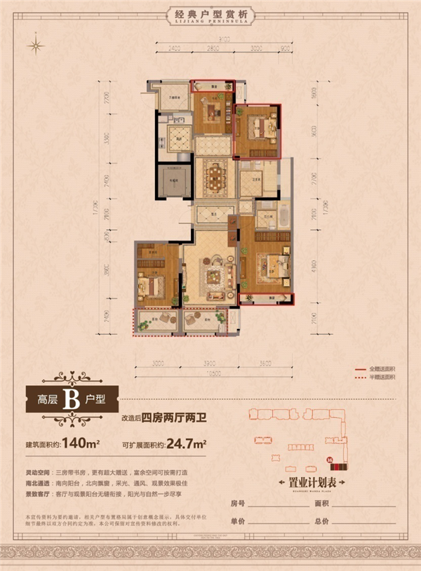 全能户型,超多面积赠送 B户型的主卧布局方正,南向主卧与北向书房面积赠送超大飘窗,保障室内采光及通风效果,让业主深感舒适的居住环境。 南向次卧的面积宽敞,配置专属衣帽间,保障业主生活方便及卧室整齐,还有3m宽的大阳台一贯相连,更加提高了卧室采光通风的效果,也扩张了室内休闲场地。 全面积赠送的北面次卧,成为该户型最大的亮点,这是周边楼盘无法比拟的优势,并且紧邻明朗的卫生间,起居生活方便舒适。 B户型拥有超阔绰的大厅,由餐厅、客厅、玄关一线相连构成,贯通南北卧室,为用餐、会客提供了极佳的环境,客厅南面还配有