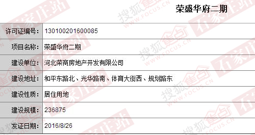 荣盛华府二期获得《建设用地规划许可证》