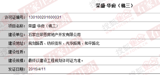 荣盛华府一期《建设用地规划许可证》