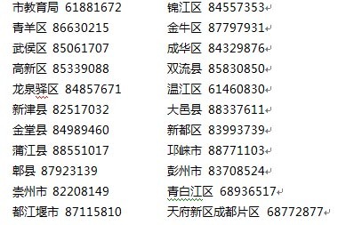 成都市学前教育咨询电话一览