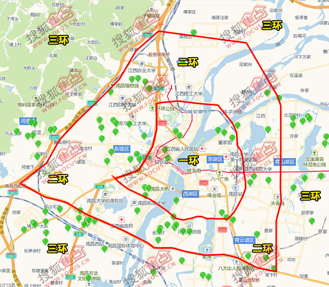 根据规划道路,我分别画出了南昌一环,二环,三环内的楼盘,楼盘在几环一