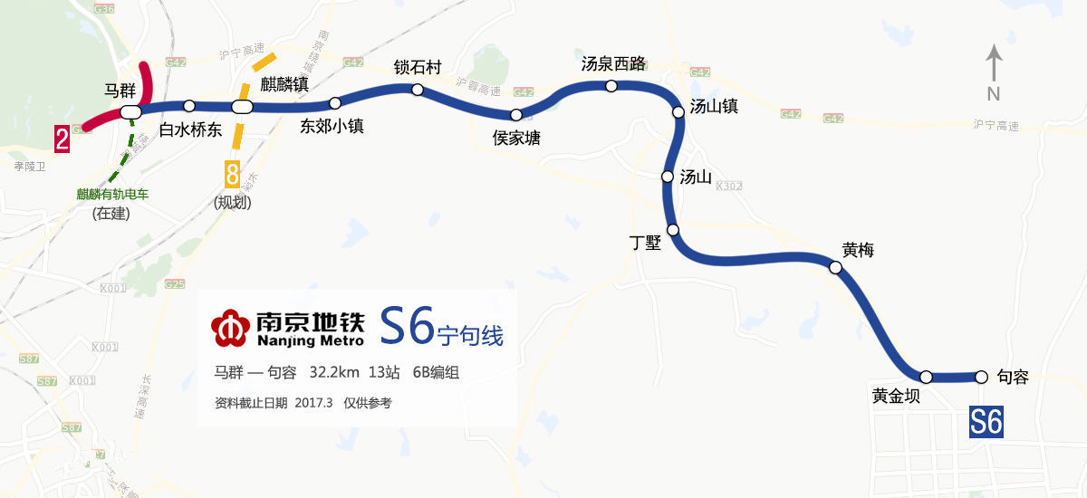 宁句城际(又称南京地铁s6号线)途径栖霞区,江宁区和句容市,线路西起