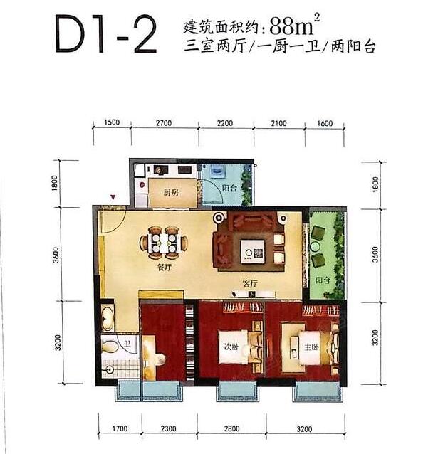 润城d1-2户型,建筑面积约88,三室两厅一厨一卫两阳台设计.