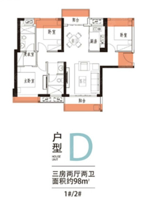 中骏·四季花城户型图-3室2厅2卫-98m