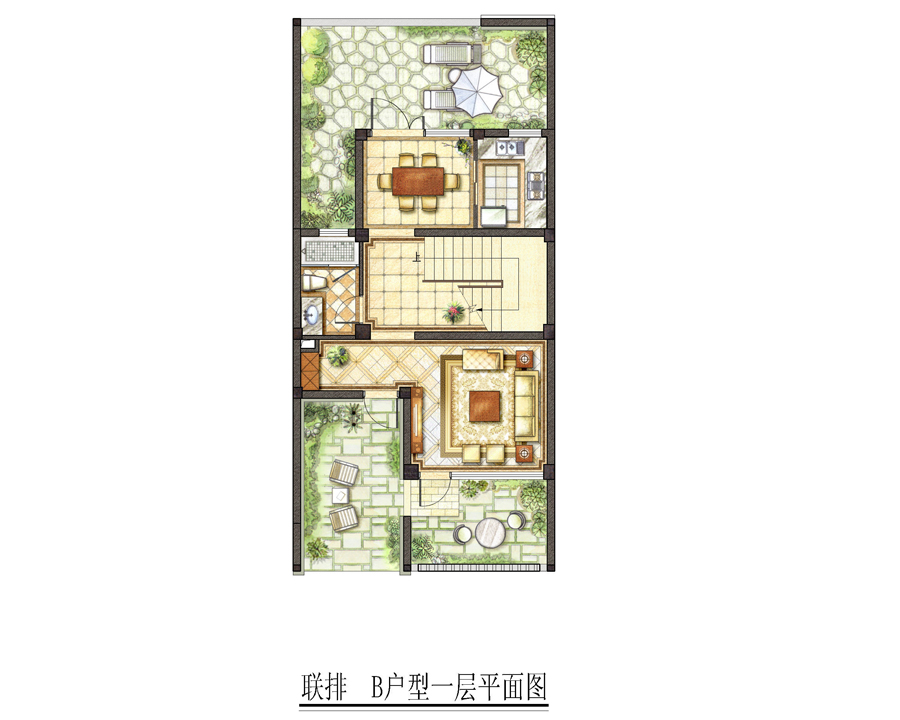 九间堂西厢108平方米联排别墅b户型一层平面图-2室2厅2卫-108m