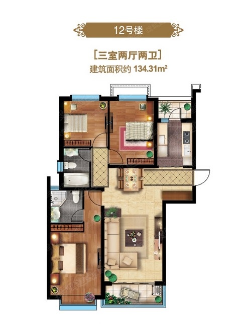 恒大御景半岛12#楼134.31平三室两厅两卫户型图