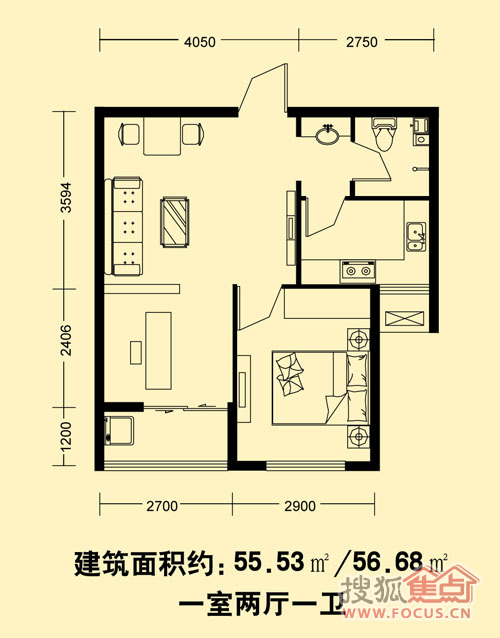 53平米的户型,一室两厅的房间求改造成两室一厅的房间