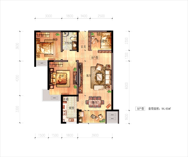 时代新城Ⅱ期户型图-3室2厅1卫-94m