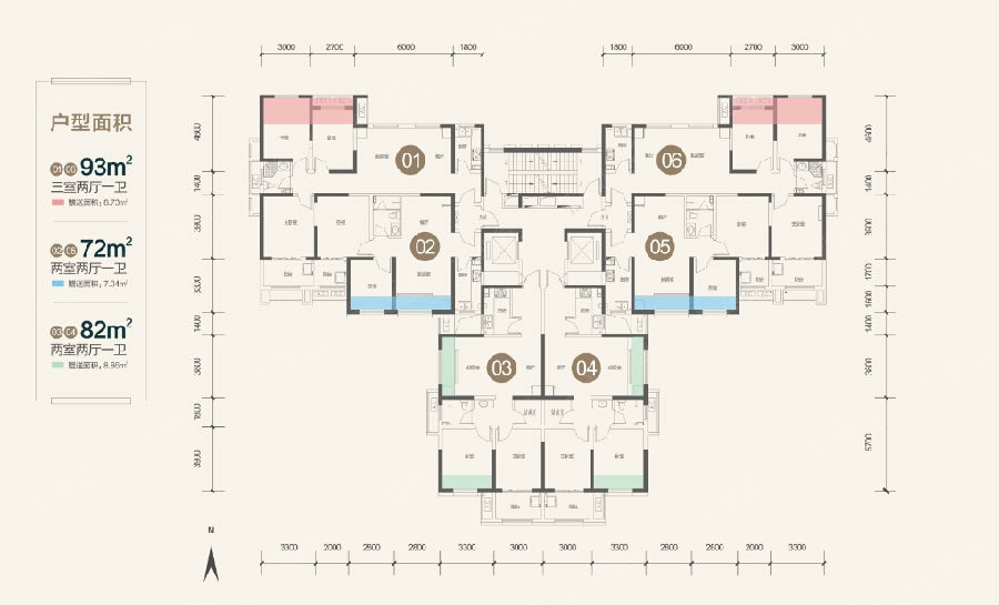 下面这个是 天朗大兴郡18号楼的平层户型分布图,1和4是123平的三室,2
