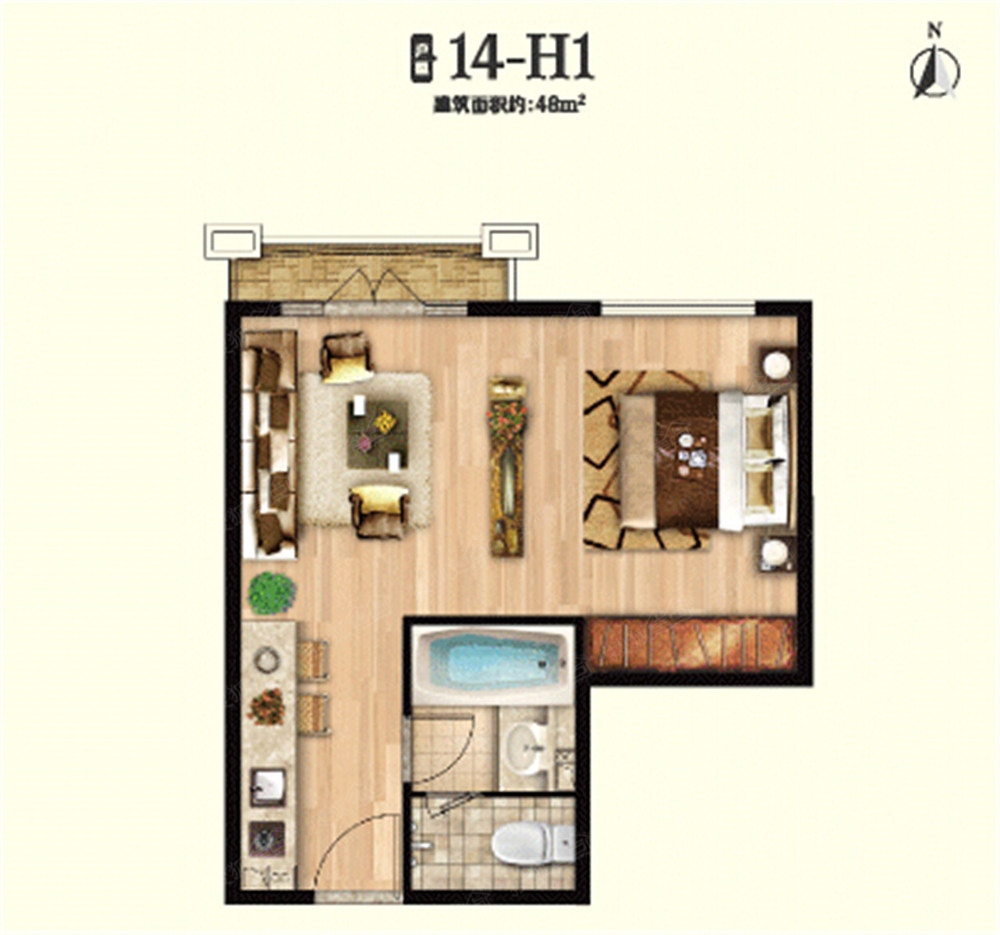 湯inn溫泉酒店式公寓14-h1戶型圖-1室1廳1衛-48m