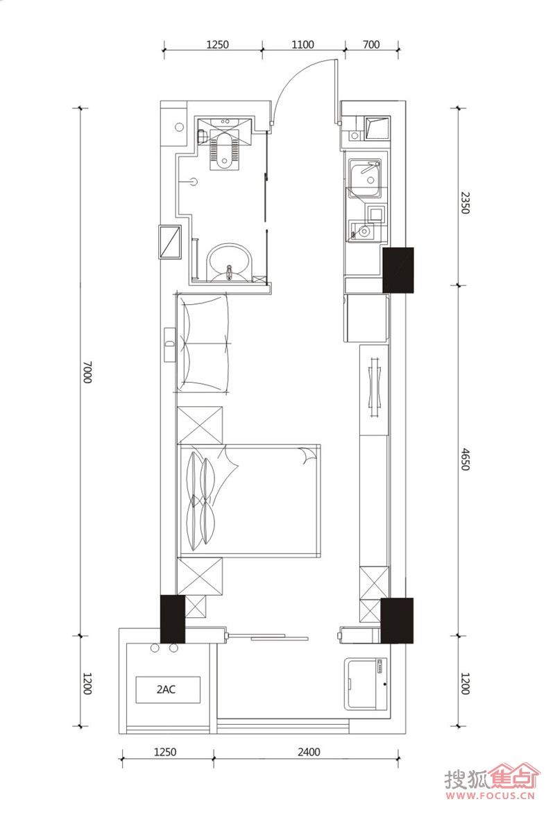 万科城35平公寓户型图-1室0厅1卫-35m