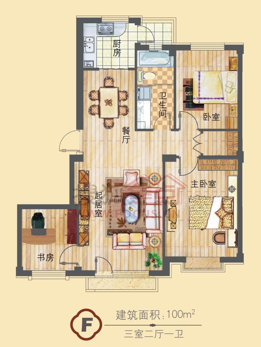 f戶型三室兩廳一衛100平-3室2廳1衛-100m