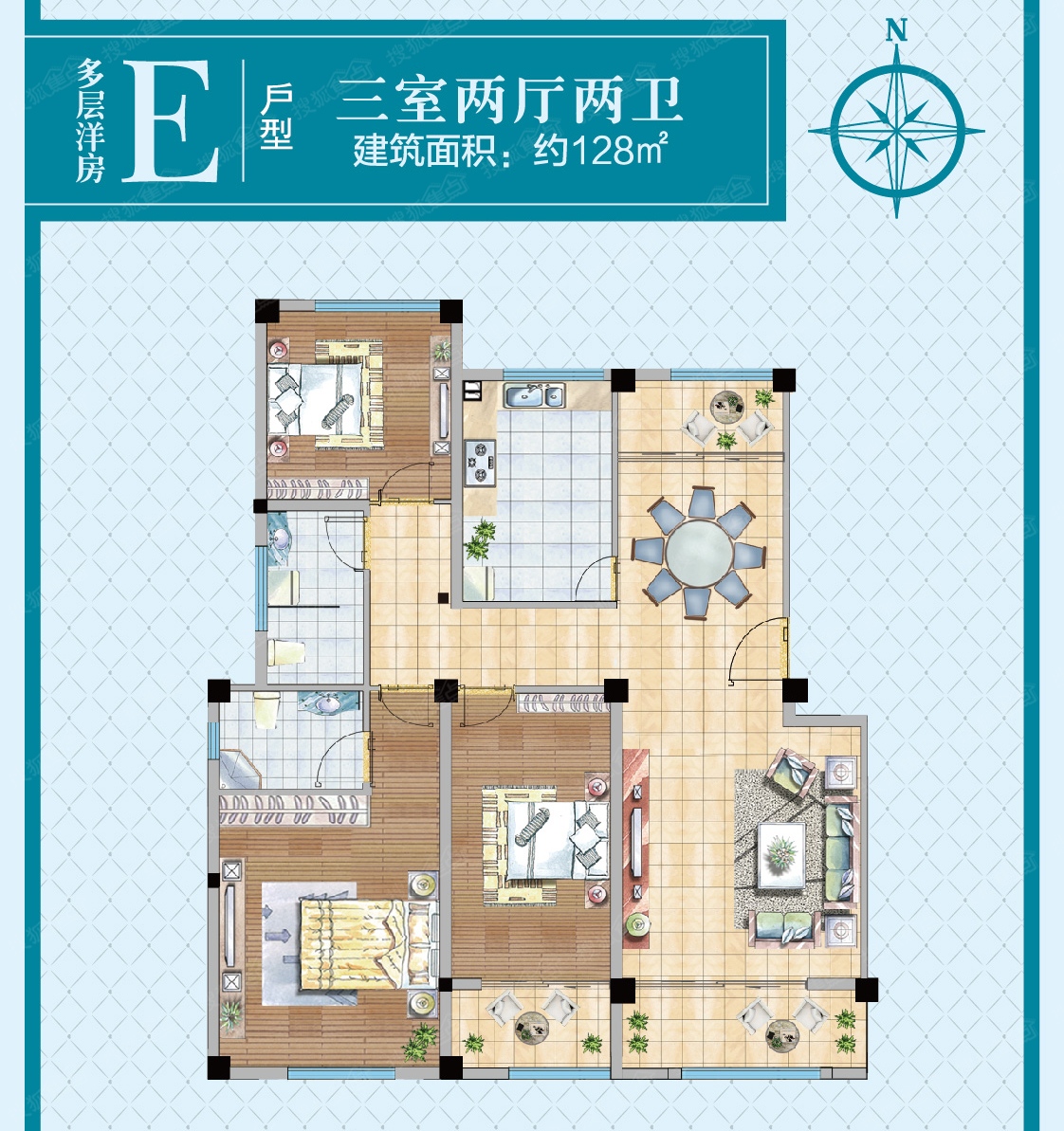 萬芳園多層洋房e戶型圖-3室2廳2衛-128m