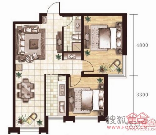 福城橡樹灣兩室兩廳一衛59.80㎡戶型圖