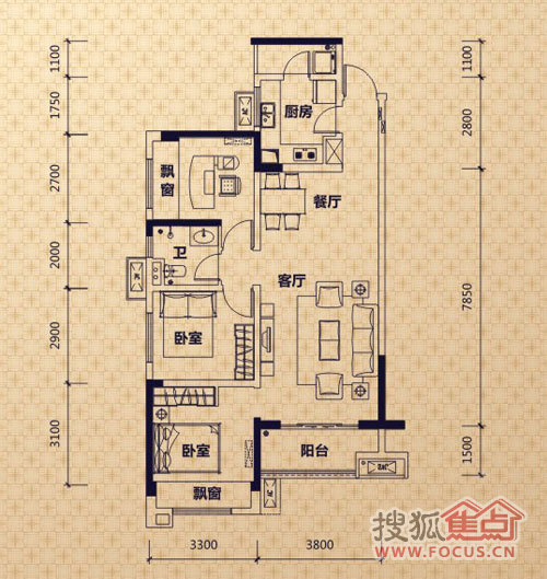 90平米两房一厅一卫设计图