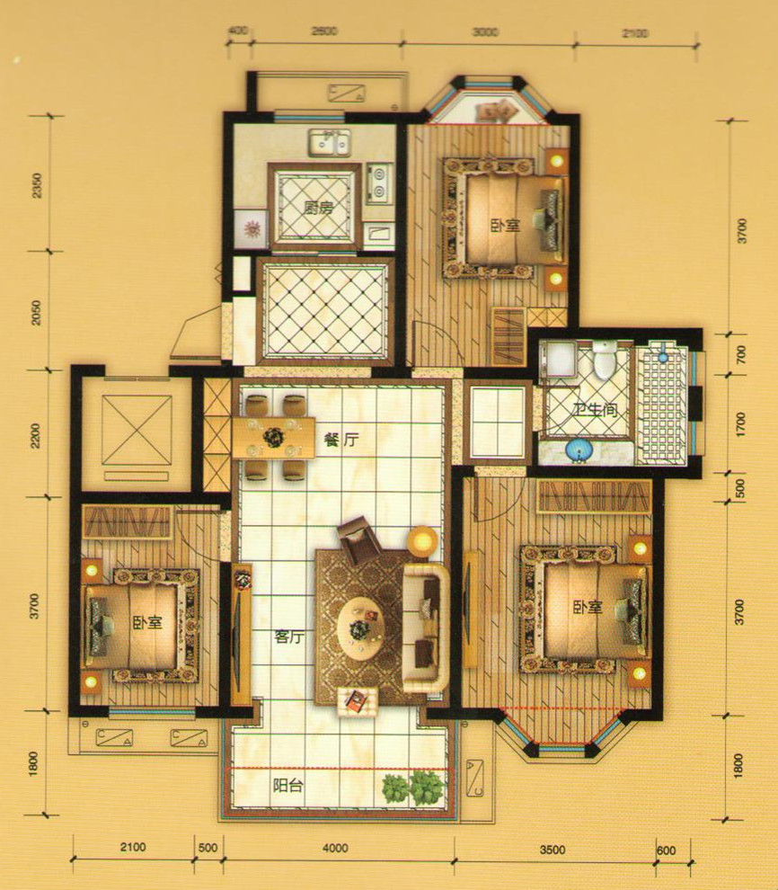 c戶型三室兩廳一衛約85平米