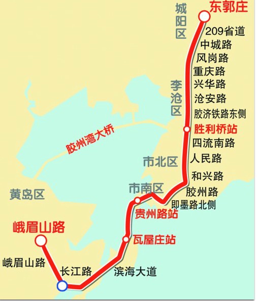 地铁1号线跨海段起自黄岛区瓦屋庄站,线路沿既有胶州湾隧道东侧向北下