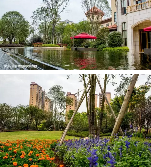 运用花卉,地被,灌木,及乔木的搭配, 在坡地,水岸,树木,小径,建筑间