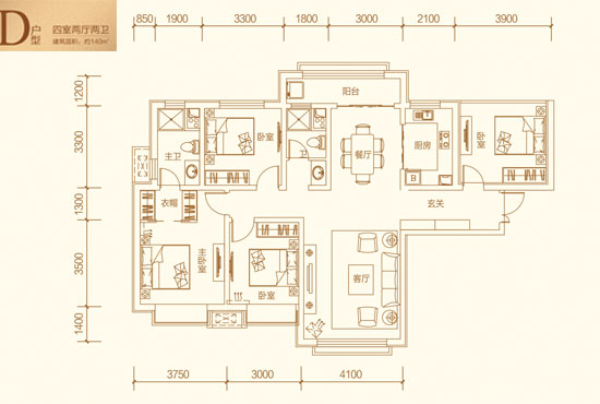 甘肃建投地产·百郦湾 建筑面积约140 d户型 4室2厅2卫