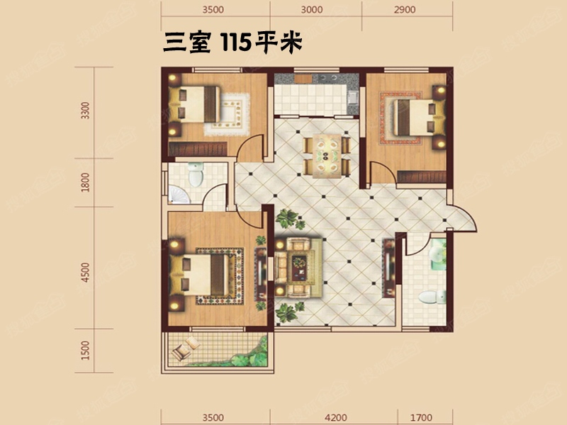 长安尚苑户型图-3室2厅1卫